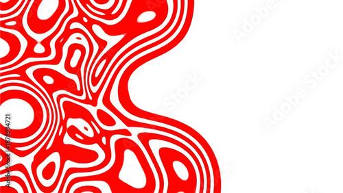 A vibrant red abstract illustration of swirling shapes and lines creating a dynamic background work pattern.