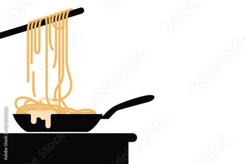 Cooking Spaghetti with Chopsticks in a Pan, fusion cuisine concept