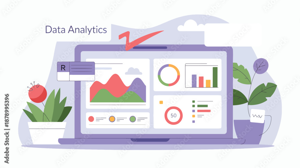 Fototapeta premium Laptop displaying data analytics charts and graphs with plants and tea statistics
