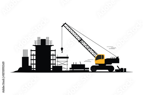 Construction Site Silhouette with Crane and Building, urban development concept