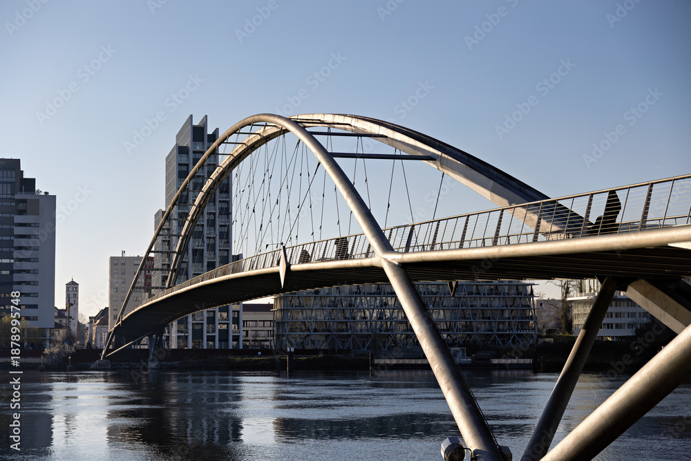 Fototapeta premium Pedestrian bridge over the Rhine between Weil am Rhein in Germany and Huningue in France