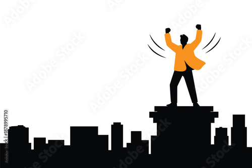 Triumphant Businessman on City Rooftop, career success concept