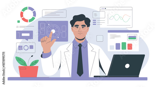 Man in lab coat interacting with digital data and charts scientist doctor researcher