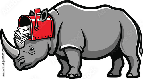 Rhinoceros with red mailbox on head delivering letters and envelopes wildlife animal communication concept illustration