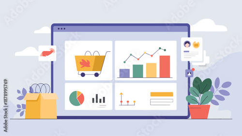 Digital dashboard with shopping cart, bar chart, pie chart, and plant screen analytics data