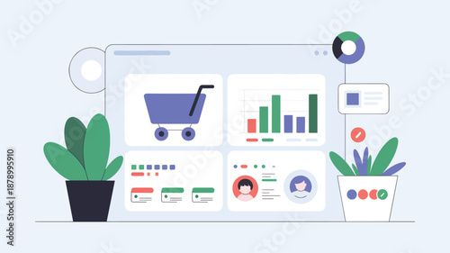 Digital dashboard with shopping cart, bar chart, user profile,s and plants interface analytics data
