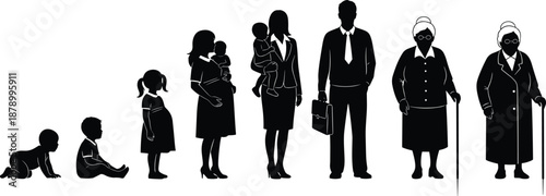 Silhouette collection showing life cycle stages of a woman from baby to senior, aging process and human development isolated on white background