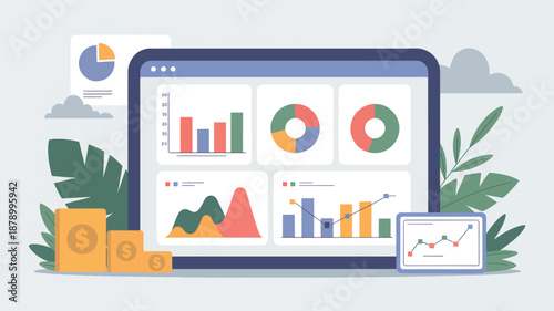 Digital dashboard with financial charts and money stacks finance graphs