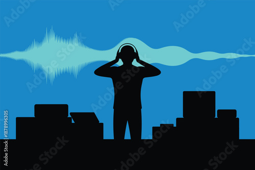 DJ Silhouette with Sound Waves and Music Equipment, electronic music concept