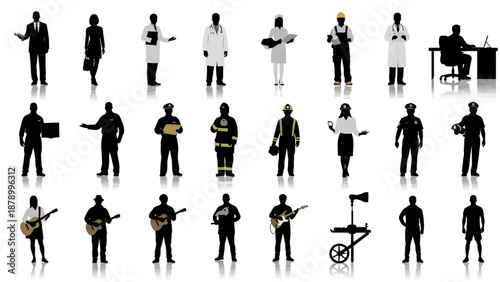 Silhouettes of people in various professions and activities