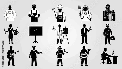 Silhouette icons of people in various professions and activities