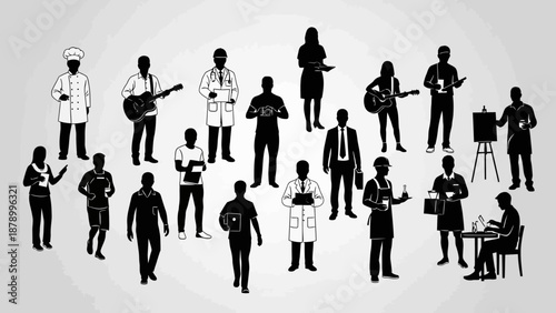 Silhouette of diverse group of people engaging in various activities