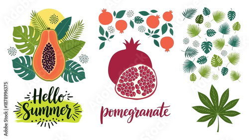 Vibrant summer illustration of fruits and leaves with text on white background