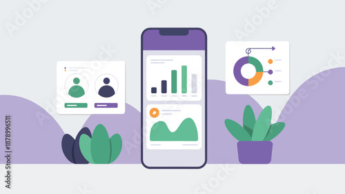 Smartphone displaying analytics charts with user profiles and pie chart graphs data