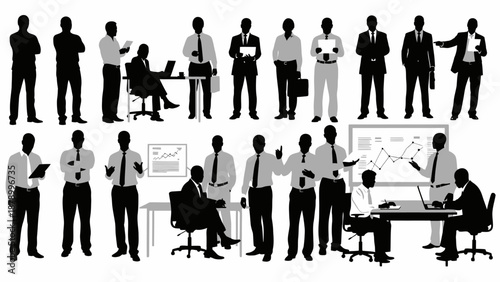 Silhouette of business people in various office settings and poses