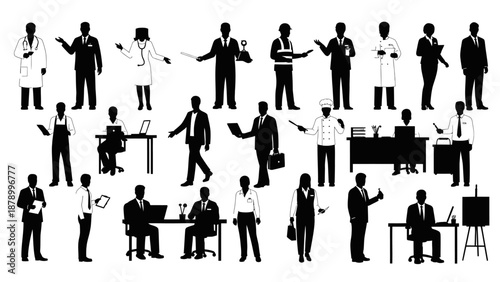 Silhouette illustrations of business professionals in various office settings