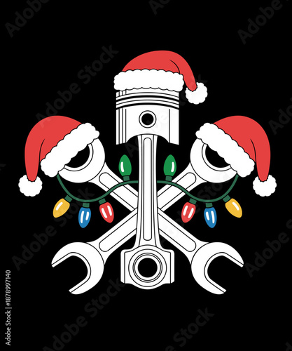 Piston Wrench Santa Hat Christmas Lights Bike Car Mechanic