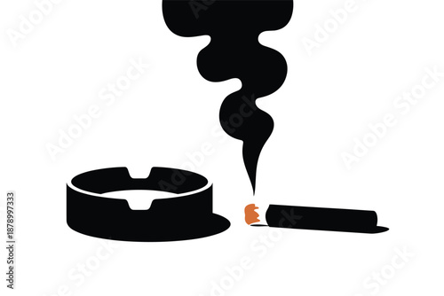 Ashtray with Lit Cigarette and Smoke, smoking addiction concept
