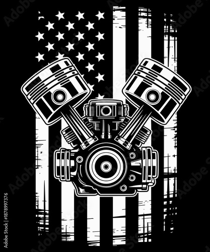 Vintage Muscle Car Piston American Flag Funny Mechanic