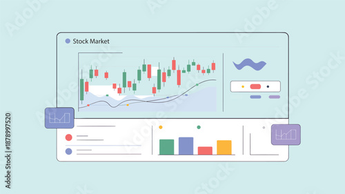 Stock market candlestick chart with bar graphs and line charts, trading, finance, and investment