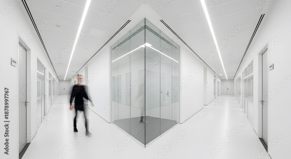 Fototapeta premium Modern white office corridor with glass walls and blurred person