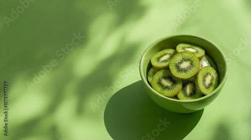 Slices of kiwi in a green bowl on a matching background with soft shadows in a bright setting.