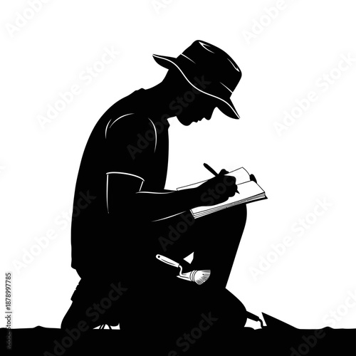 Archaeologist in Silhouette - Meticulous Note-Taking During Excavation.