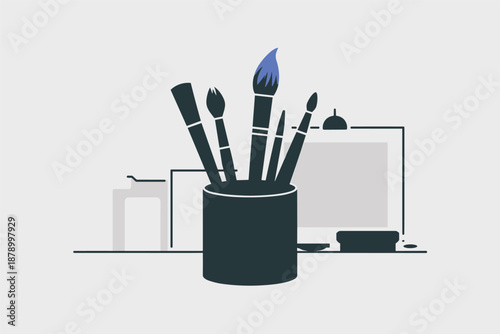 Creative Workspace with Art Brushes, artist studio concept