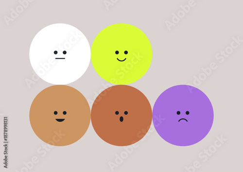 Five colorful circles express different emotions, showcasing happiness, sadness, neutrality, surprise, and confusion, Each circle fills a space with vibrant, playful tones conveying feelings visually.