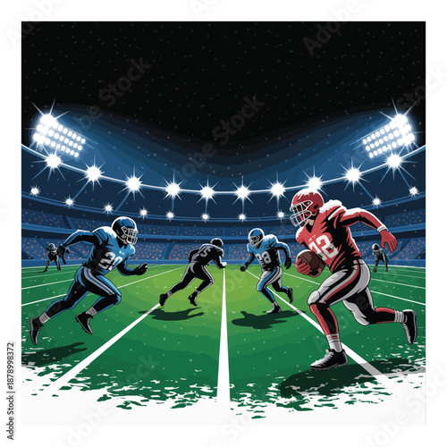 American football match on stadium with players, lights and green field for sport events up to 200 characters maximum for global microstock agencies