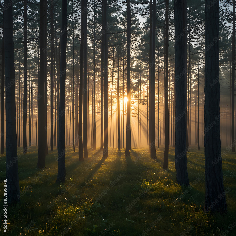 Fototapeta premium Misty sunrise morning in a quiet forest path