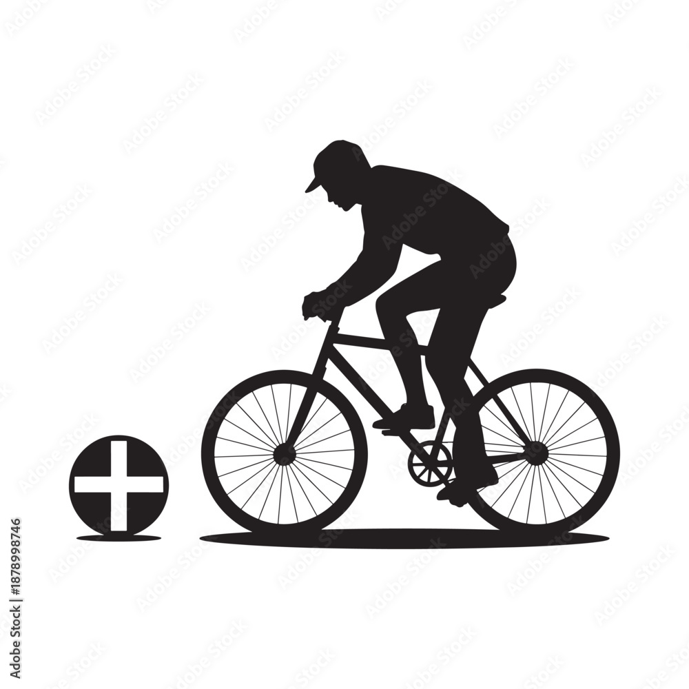 Obraz premium Silhouette of a cyclist riding a bicycle with a medical symbol