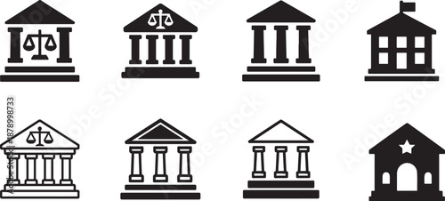   Courthouse icon set vector with filled flat signs, solid pictograms, line, glyph, colorful outline EPS.