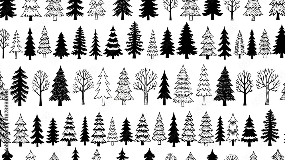 Fototapeta premium Many different trees are illustrated in various black and white patterns and sizes on a seamless background work pattern.