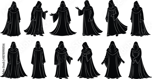 Black And White Vector Illustration Of Multiple Monk Silhouettes Wearing Hooded Robes In Various Poses For Fantasy Gaming Medieval History Magic And Mystical Design