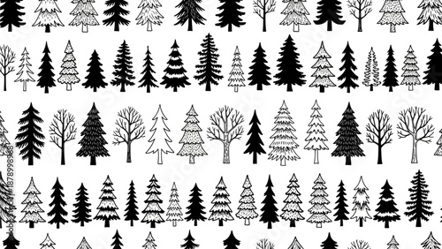 Many different trees are illustrated in various black and white patterns and sizes on a seamless background work pattern.