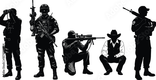 Black And White Vector Illustration Of Multiple Special Forces Soldier Silhouettes Featuring Tactical Gear Weapons Sniper Rifle And Binoculars For Military And Security Design
