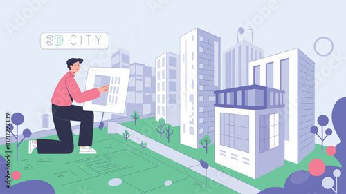 Person in Red Shirt Holding a Large Blueprint in Front of 3D City Buildings 3D city