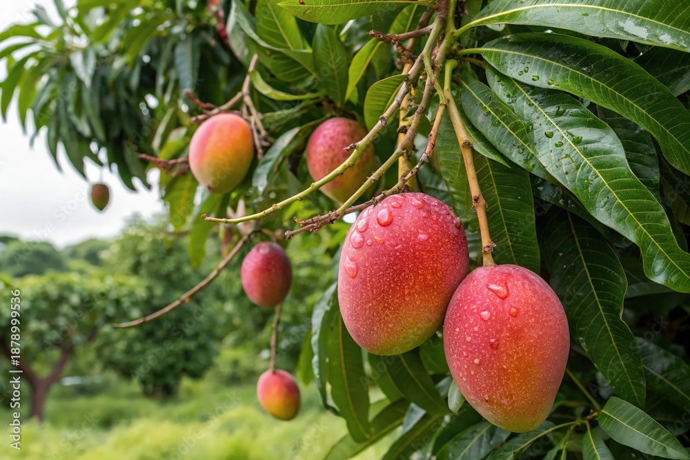 Obraz premium A tree with many ripe mangoes hanging from it