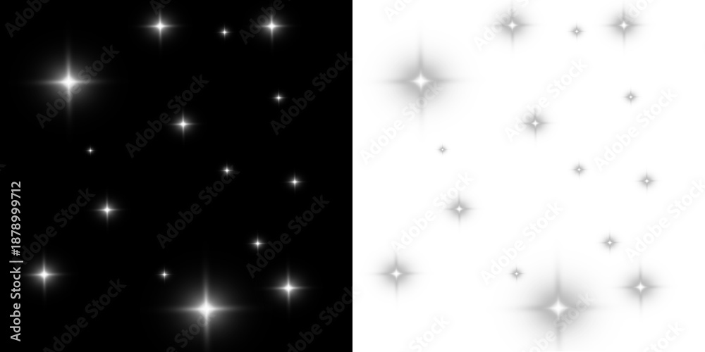 Obraz premium Shining white star sparkles with glow and bokeh scattered across the scene on a transparent background, PNG.