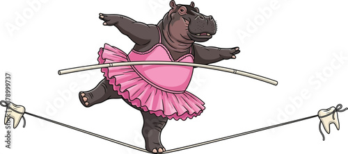 Hippopotamus ballerina in pink tutu walking on tightrope rope made of dental floss with human teeth dentist art design