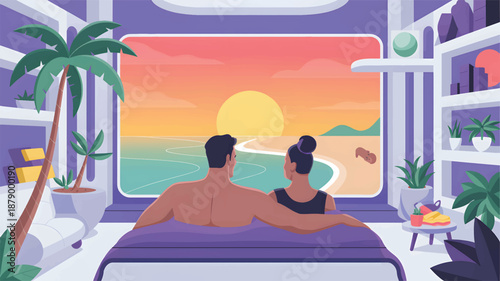 Couple Relaxing in a Jacuzzi Watching a Beach Sunset Through a Large Window hot tub