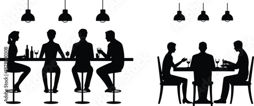 Dining silhouettes illustration, bar counter scene, formal table setting, social interaction, black figures, white background, eating together, contrast concept
