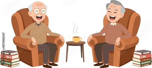 Elderly men illustration, cozy conversation, armchairs, warm drink, book stacks, friendship moment, relaxed pose, storytelling vibe, peaceful setting