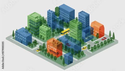 This isometric illustration showcases eco-friendly urban buildings integrated with greenery, representing sustainable city development and environmental responsibility. The image highlights green arch