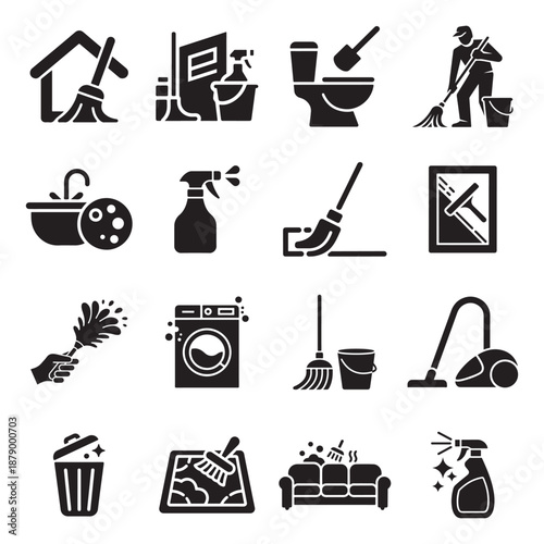 Comprehensive collection of domestic cleaning tasks and essential household equipment icons