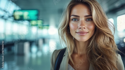 A confident young woman with striking features and a warm smile stands in a modern airport terminal, embodying the spirit of adventure and exploration. Free Download A confident young woman with striking features and a warm smile stands in a modern airport terminal, embodying the spirit of adventure and exploration. - GFXLoad