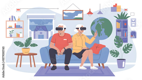 Two people sitting on a blue couch wearing virtual reality headsets in a cozy living room globe design