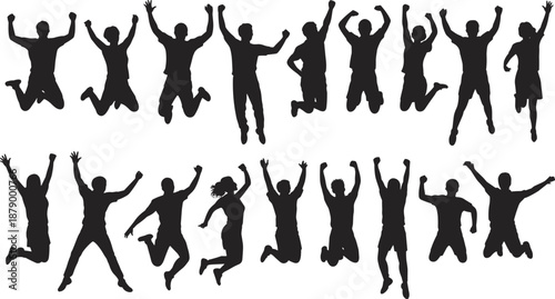 Jumping silhouettes illustration, celebratory poses, energetic movement, black figures, white background, joyful expression, freedom theme, dynamic group artwork