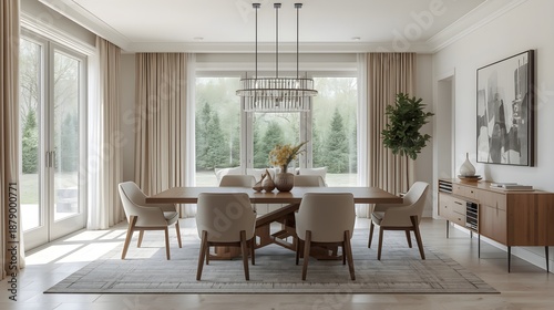 Modern Luxury Dining Room with Large Windows, Elegant Chandelier, Minimalist Decor, and Scenic Garden View